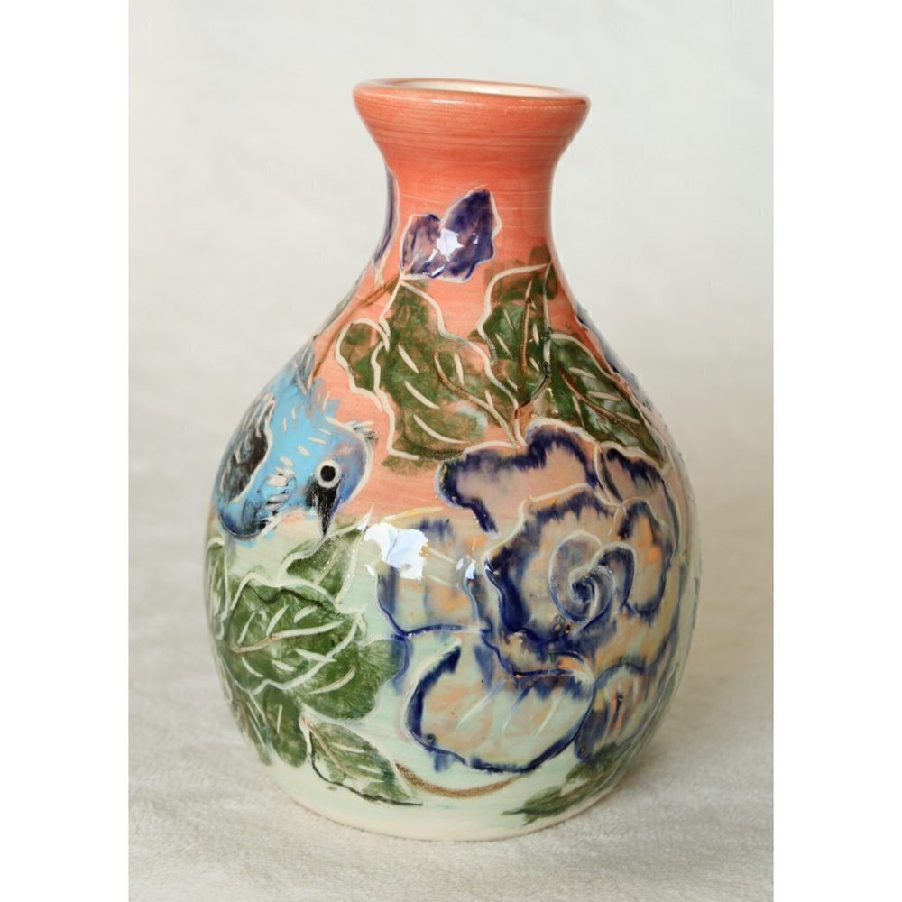 Art Studio Ceramic Pottery Birds & flowers print Bottle Decorative Vase handmade
